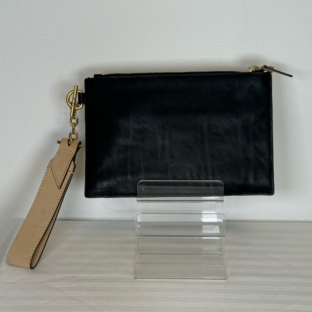 India Hicks ‘Carmen’ Black & Tan Leather Clutch With Tan Leather Wristlet Strap - Picture 6 of 14